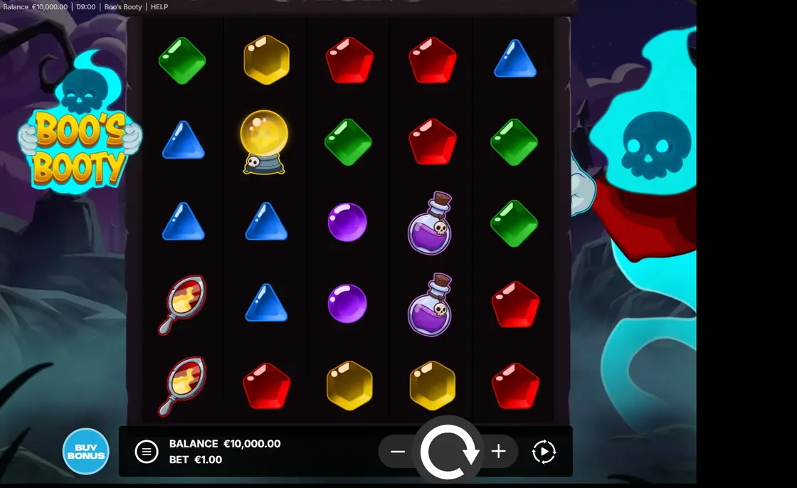 The five by five reel grid with gems, potions, candles and the ghost character