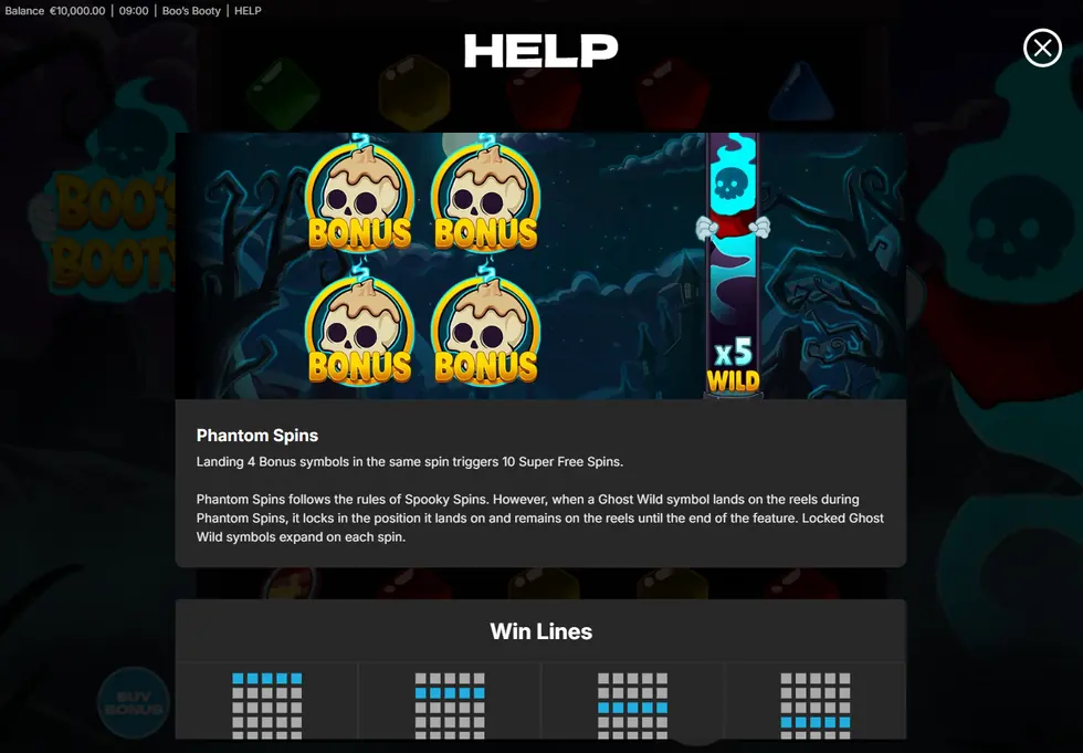 Four Bonus symbols beside a locked expanded Ghost Wild in Phantom Spins