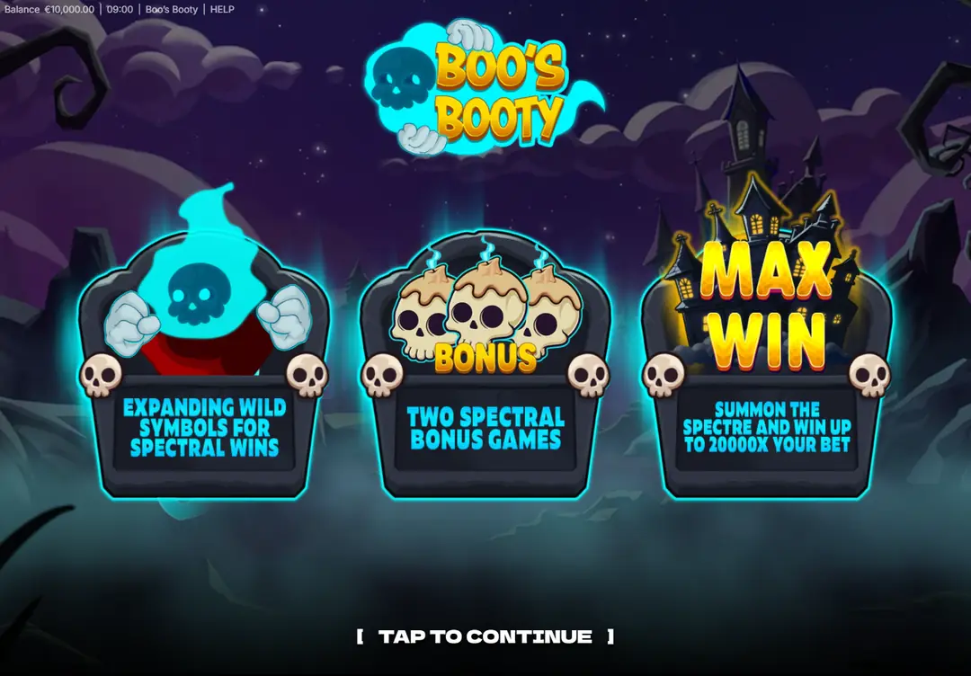 Boo's Booty opening screen with three feature panels and the maximum win