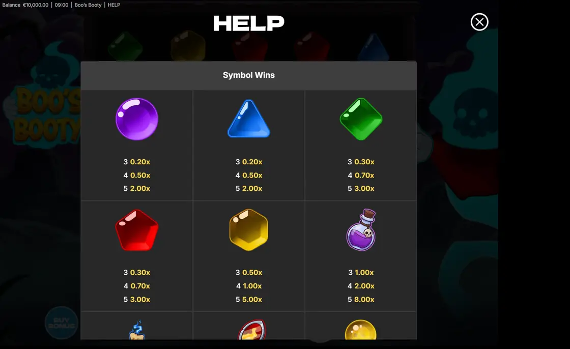 Boo's Booty symbol values shown over the five reel game screen