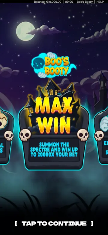 The Boo's Booty opening screen on a phone with the maximum win panel centred