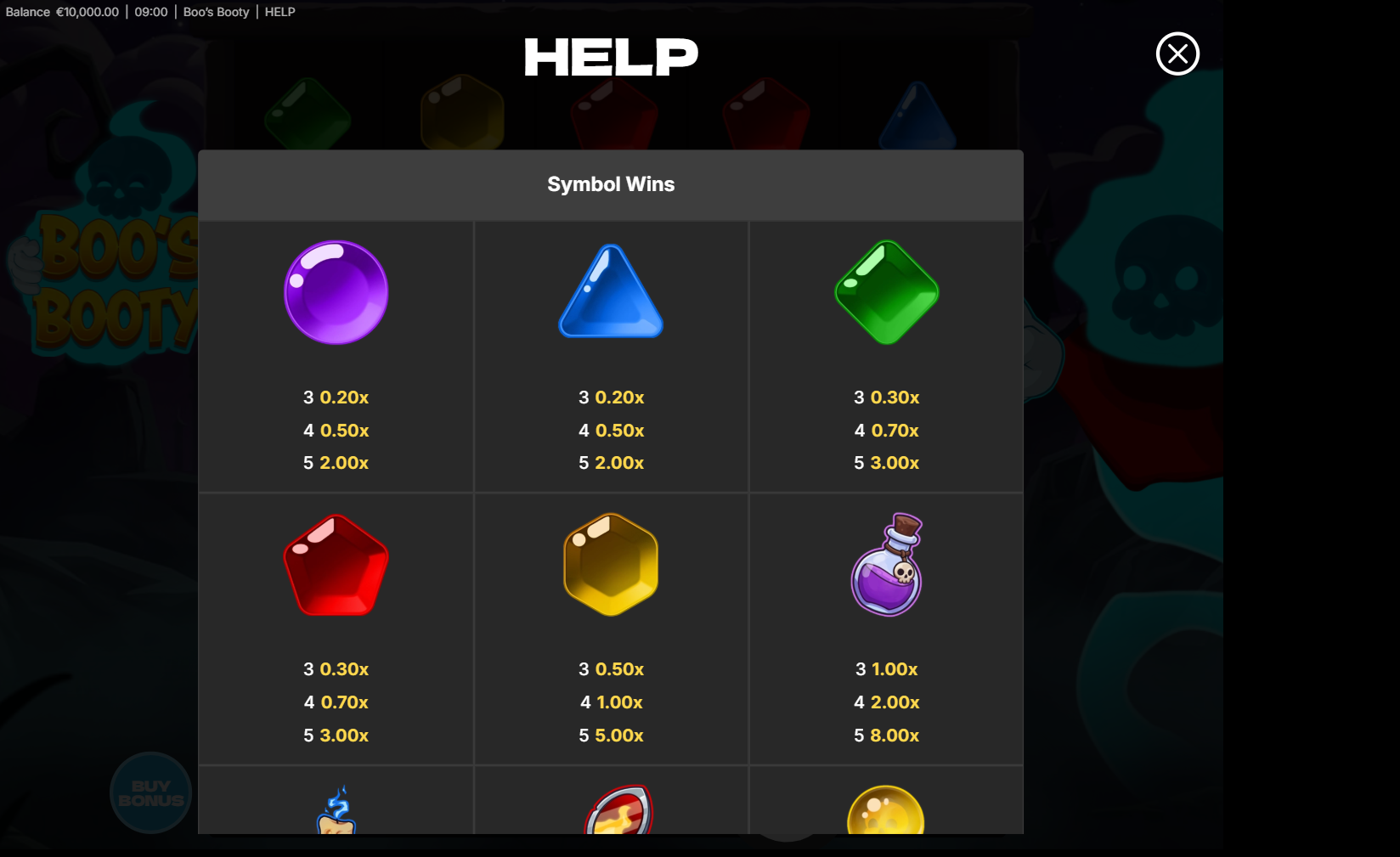 Boo's Booty symbol values displayed across the five reel game screen